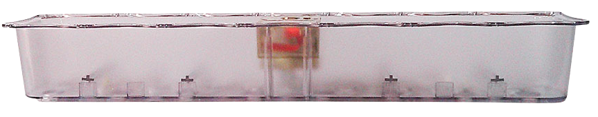 Clear rectangular plastic tray with central latch